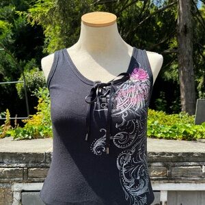 Y2K Harley Davidson Women’s Ribbon Lace Rose Bling Pink & Black Tank Top Size M